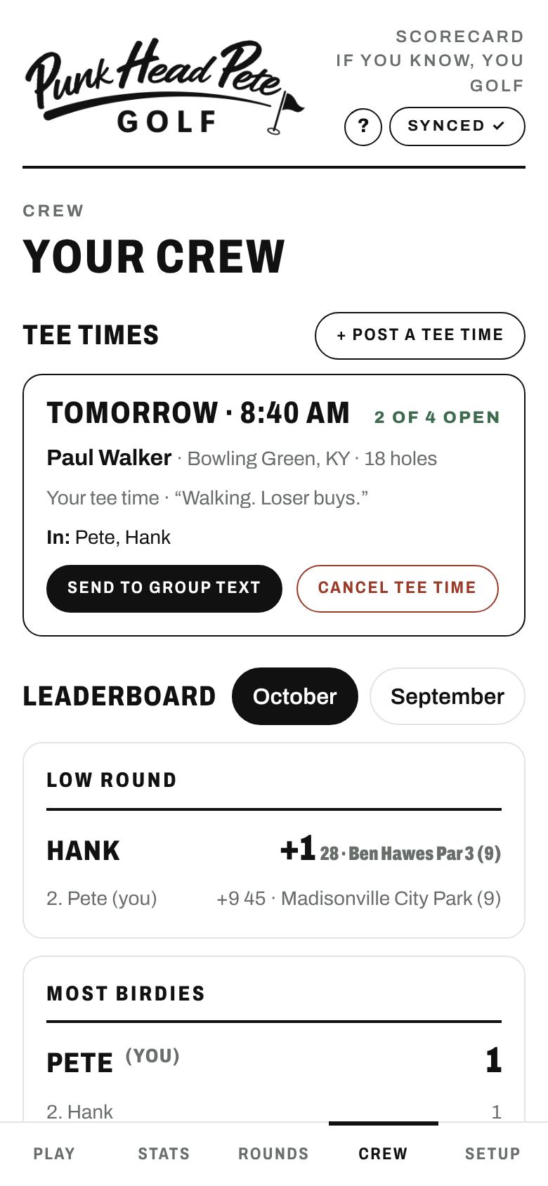 Tee time card with who's in
