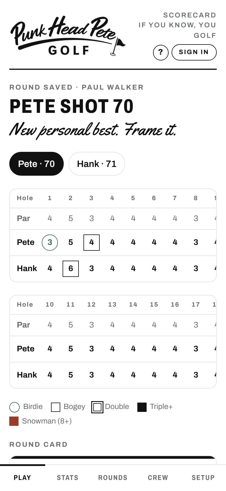 Round saved screen with verdict and scorecard