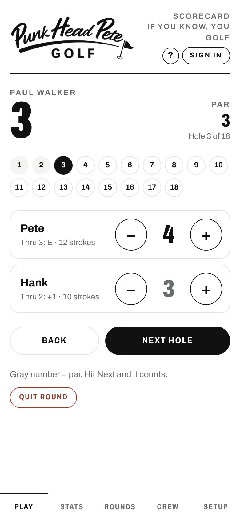 Live scoring screen with plus and minus buttons
