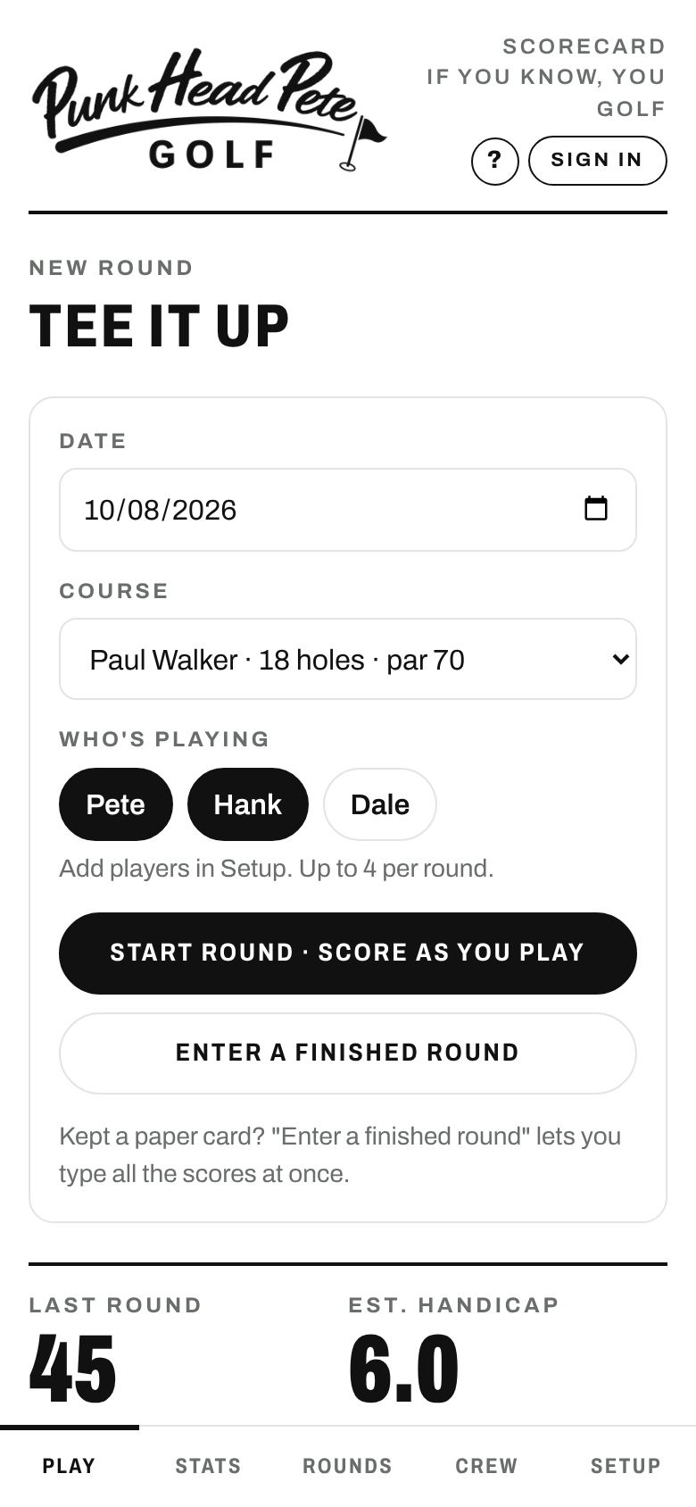 Play tab: date, course, players, Start round