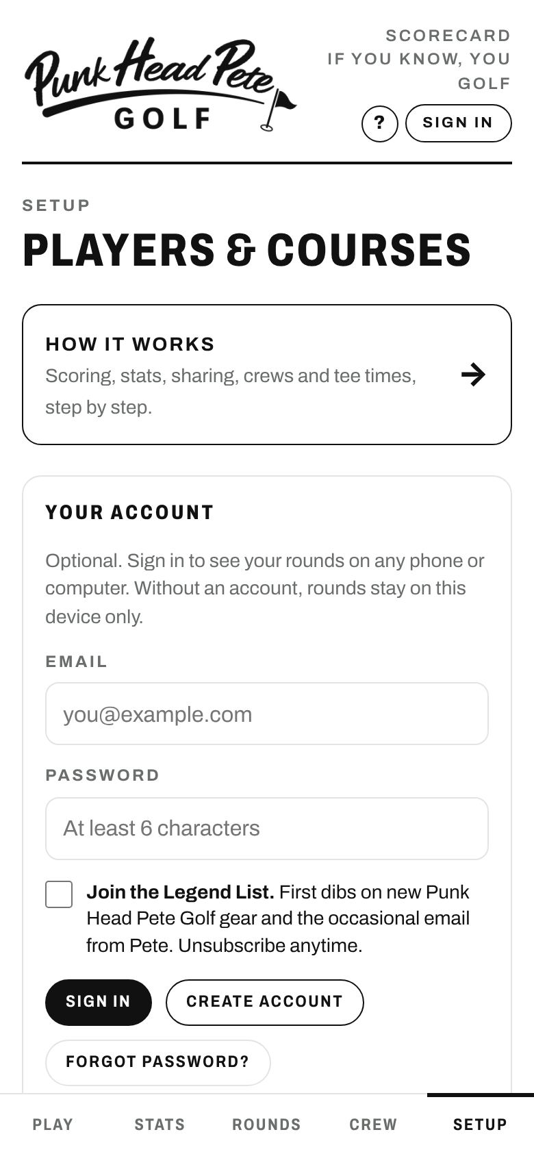 Setup tab with How it works link and account sign in