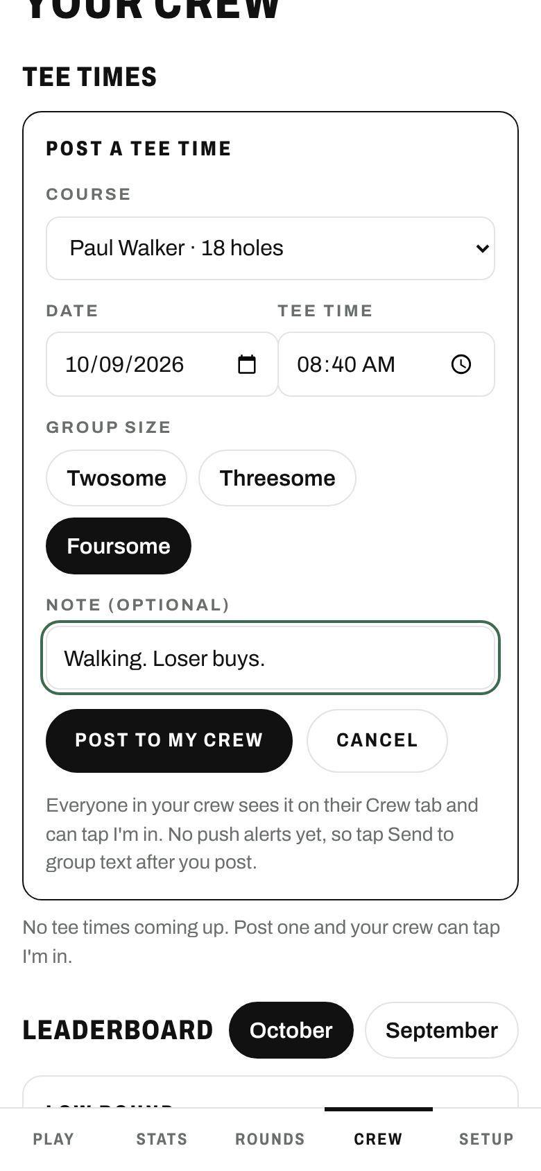 Post a tee time form